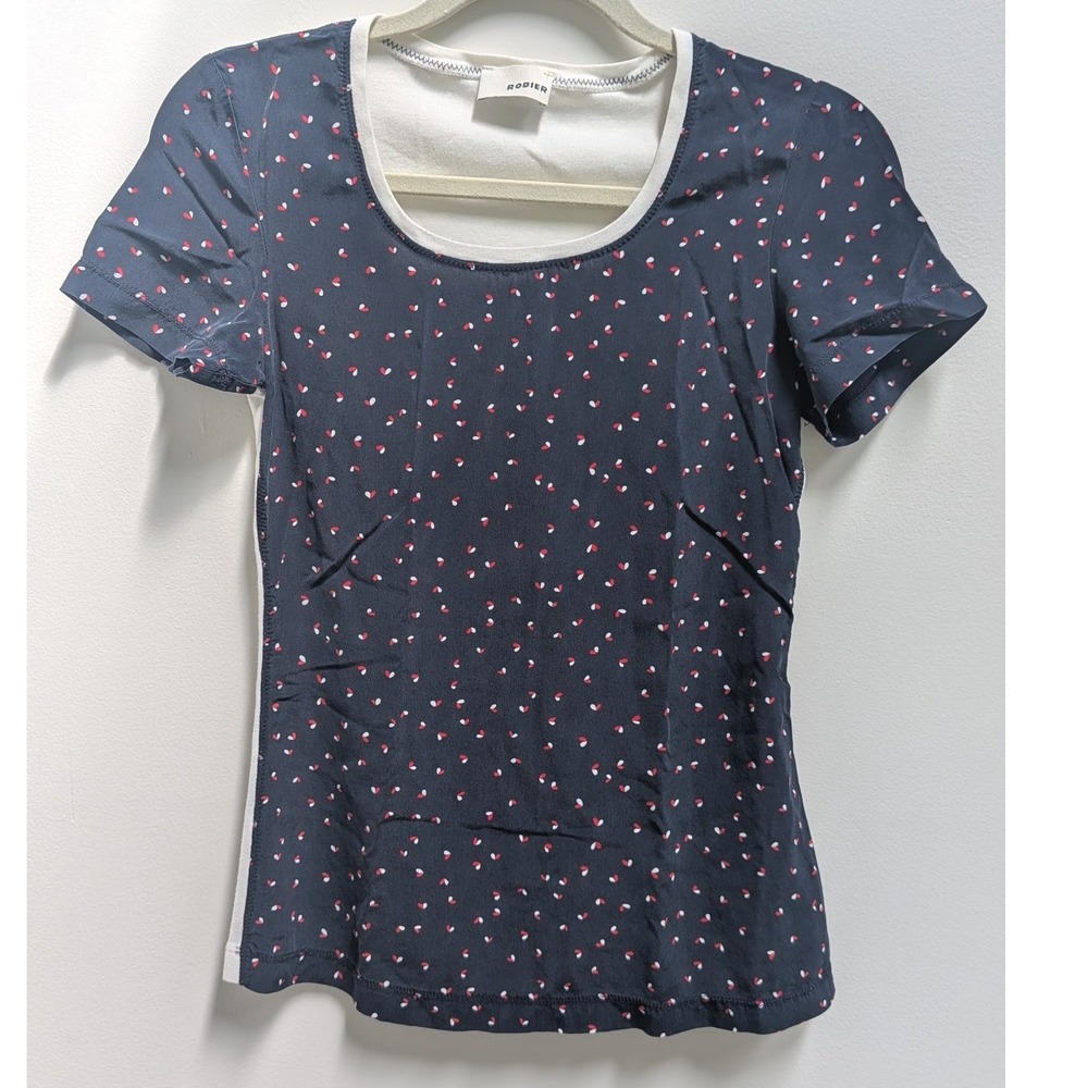 Rodier Navy Micro Heart Print Scoop Neck Short Sleeve Top Size 38 Quiet Luxury